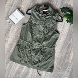 Cavalini Army Green Hooded Cotton Utility Vest w Toggle Drawstring Waist Sz PM